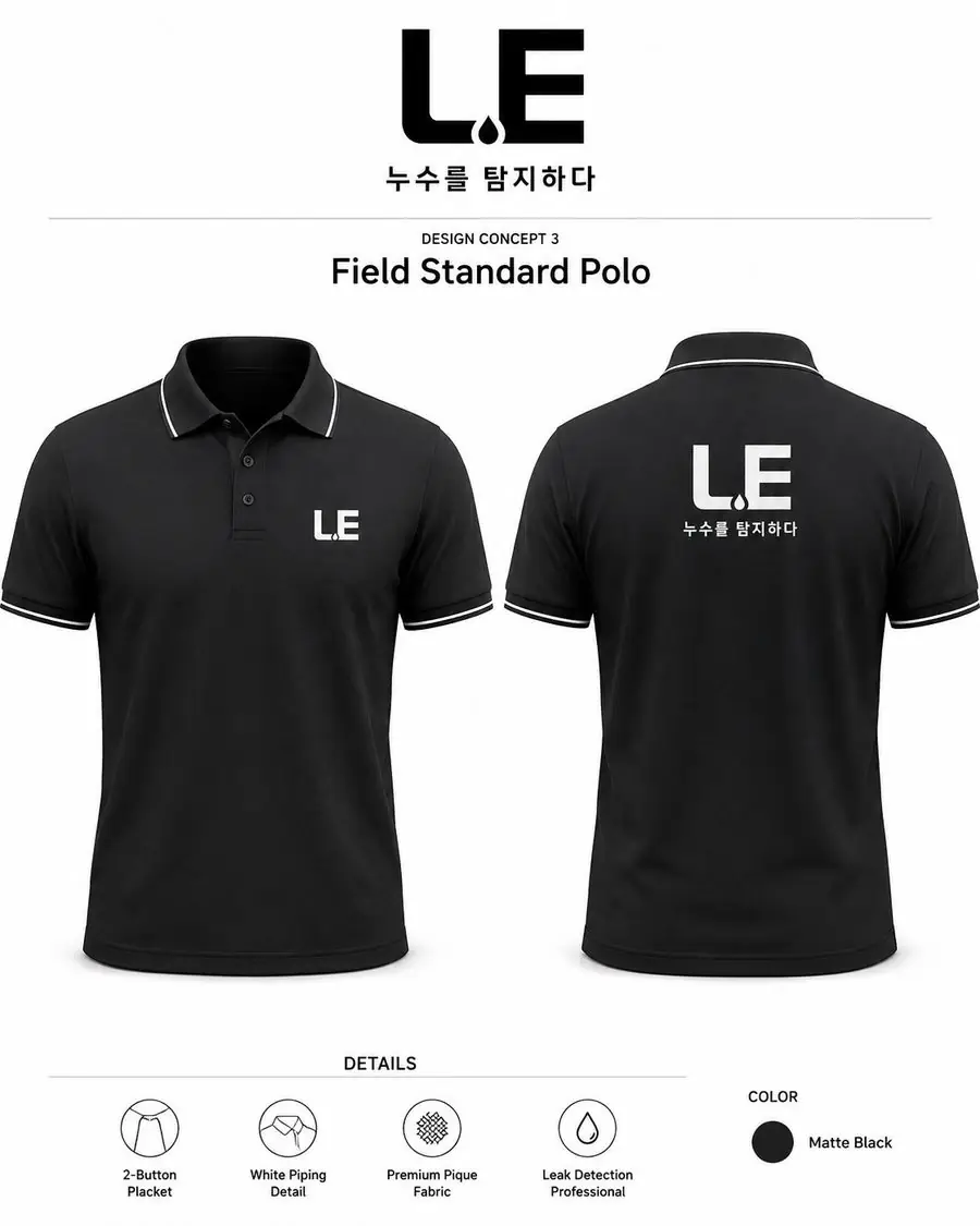 L.E 필드 폴로 유니폼 디자인 — 전면·후면 및 배색 디테일